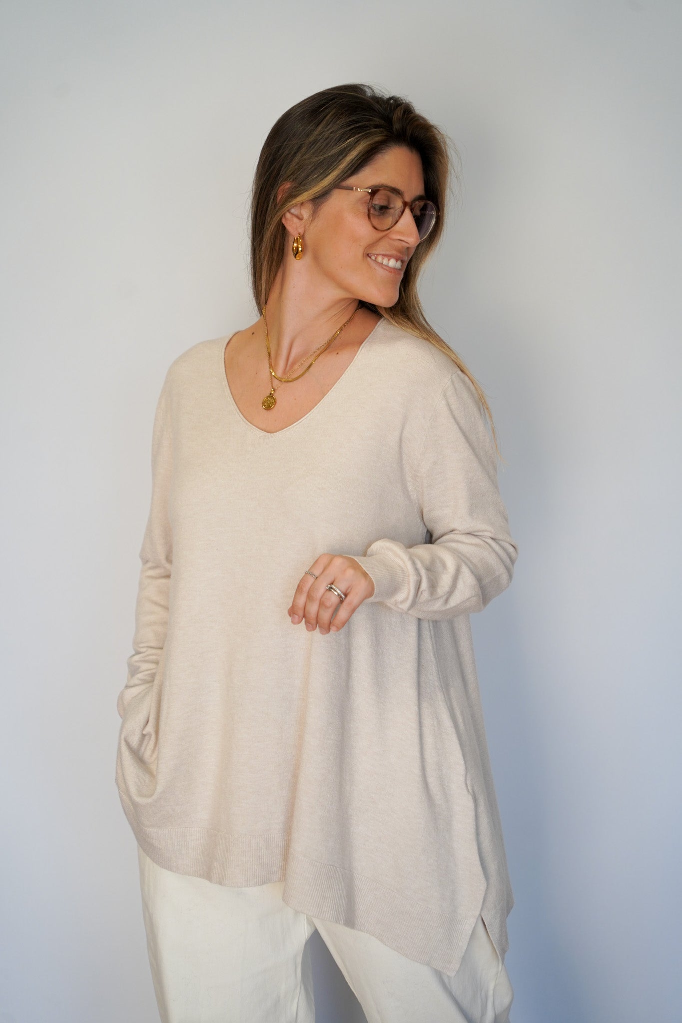 Camisola malha fina rosa bebé decote em bico