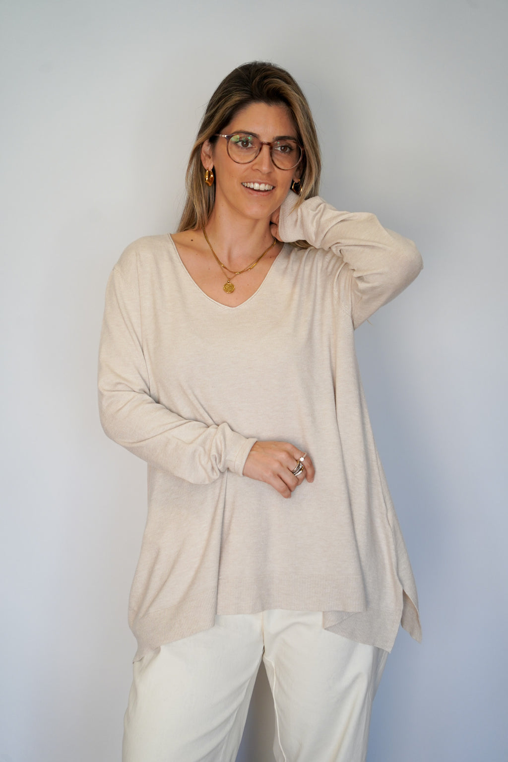 Camisola malha fina rosa bebé decote em bico