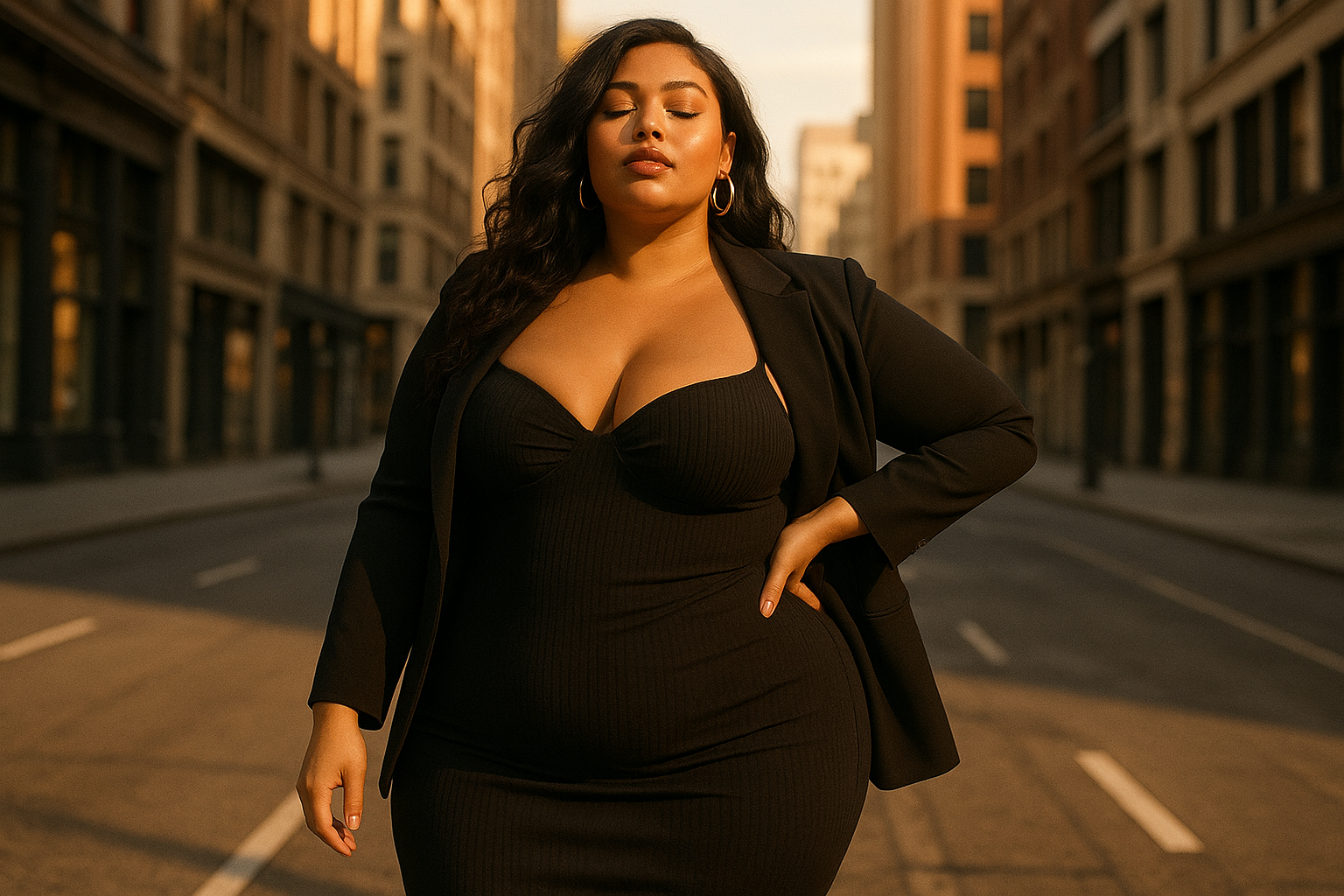 imagem sensual de uma mulher plus size a realçar as curvas da silhueta dela em ambiente citadino 