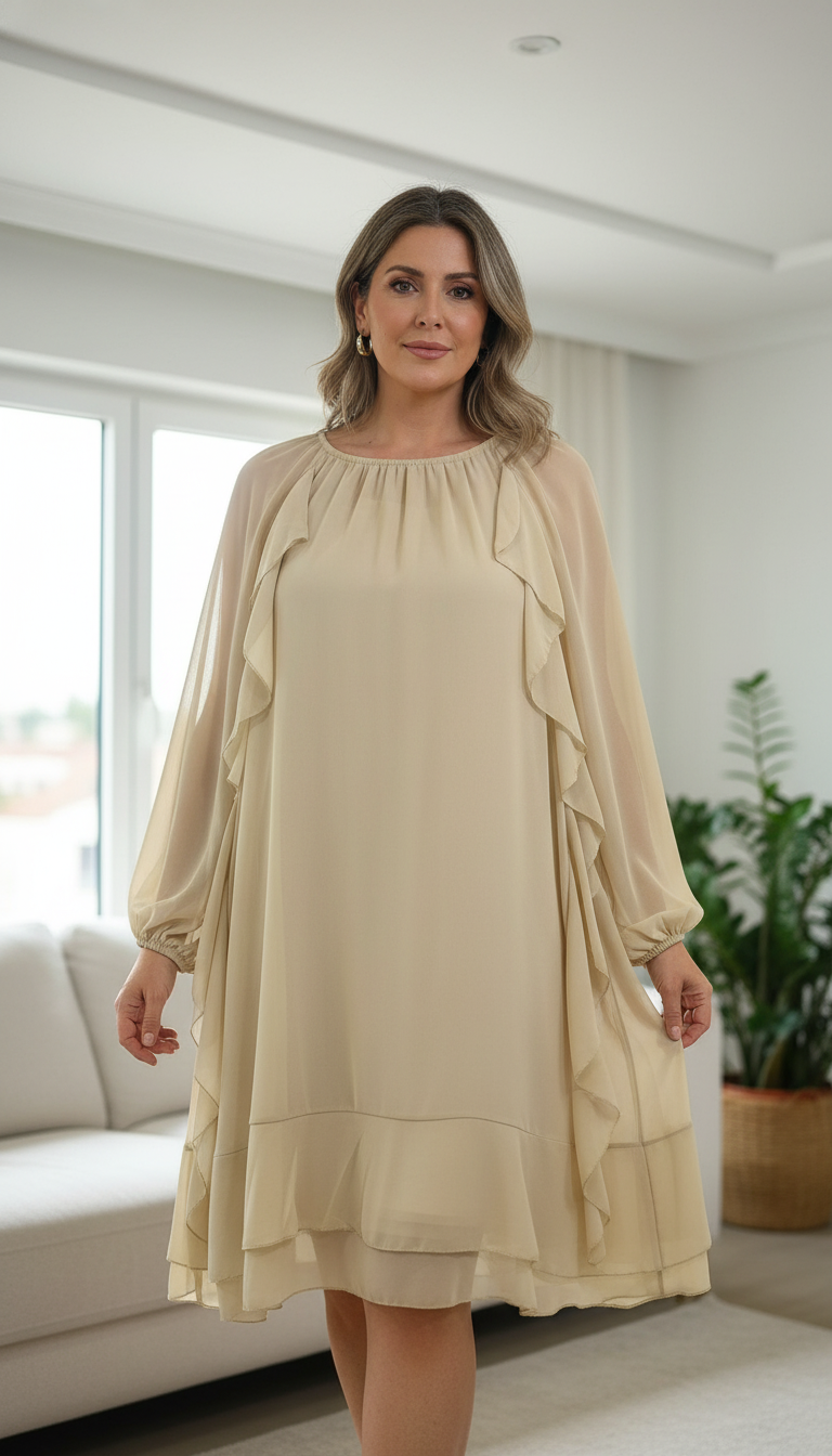 Vestido curto com folho bege